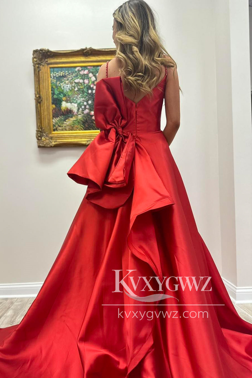 Red Sweetheart Satin Evening Gown A-Line Long Prom Dress with Beadings LF1154