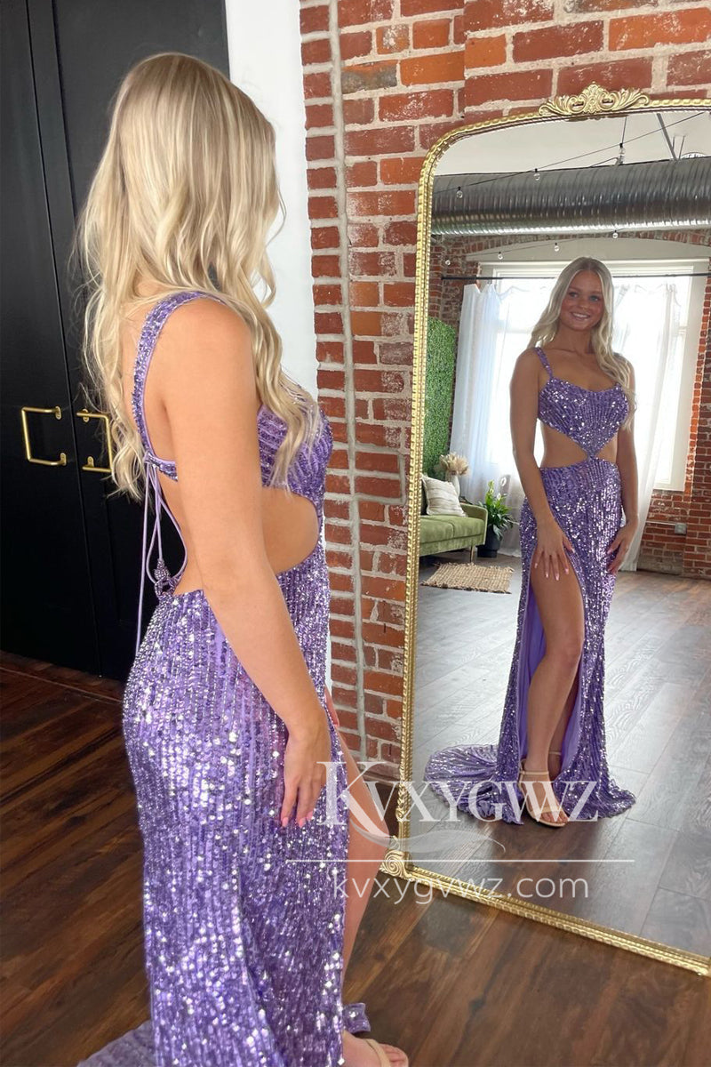 Purple Scoop Neck Sequins Evening Gown Mermaid Long Prom Dress with Slit LF1157