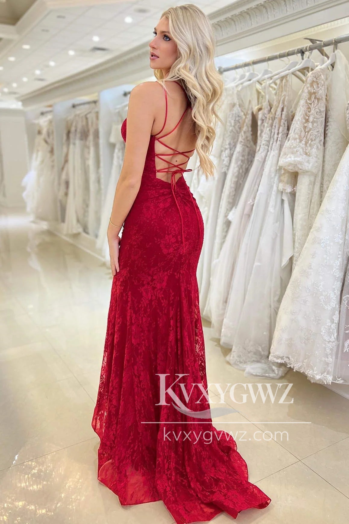 Spaghetti Strap Red Lace Evening Gown V Neck Mermaid Sweep Train Prom Dress LF1162