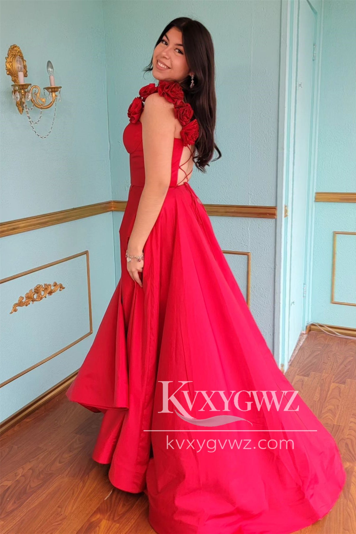 Red Floral Straps Sweetheart Evening Gown A-line Satin Long Prom Dress with Slit LF1164