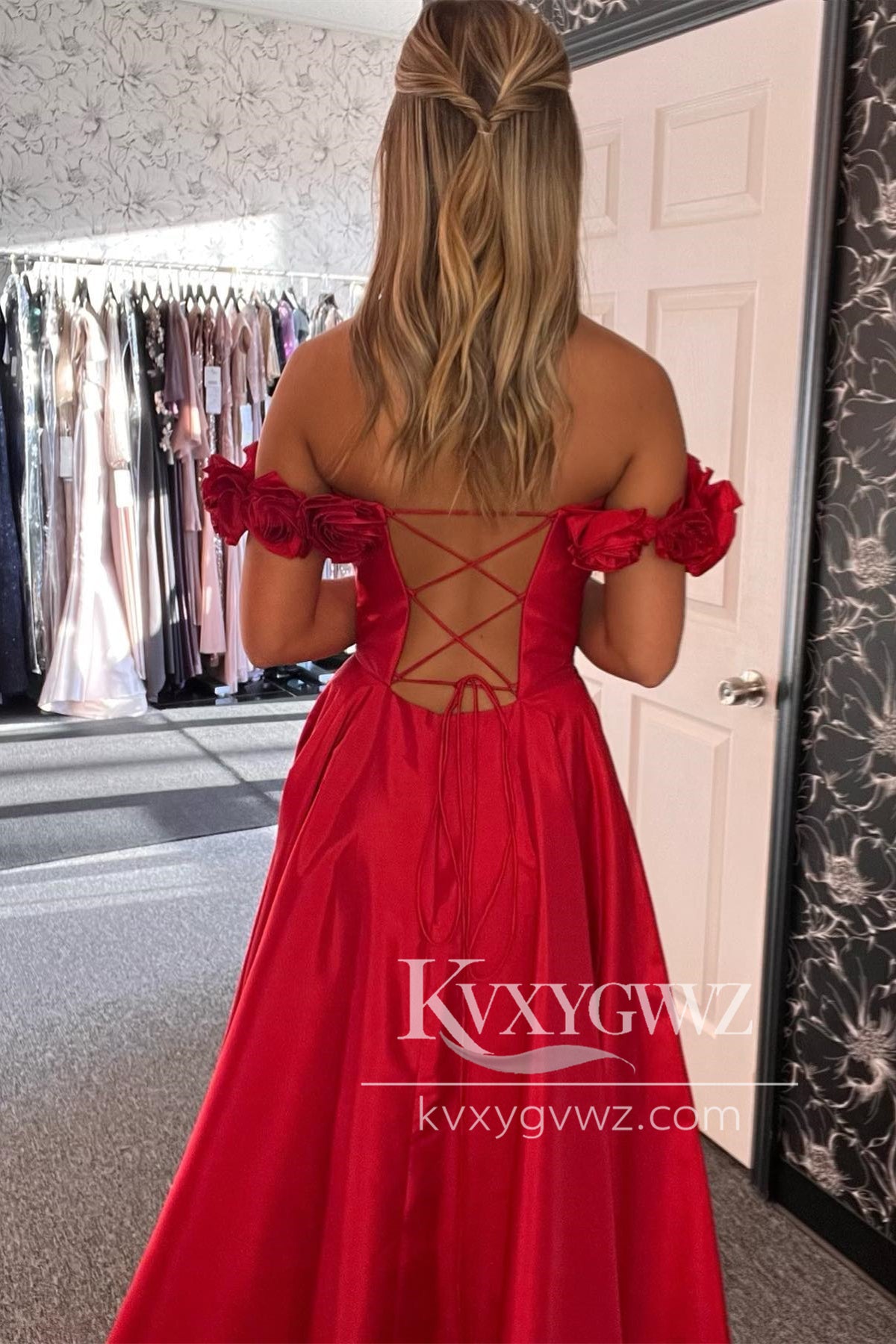 Red Floral Straps Sweetheart Evening Gown A-line Satin Long Prom Dress with Slit LF1164