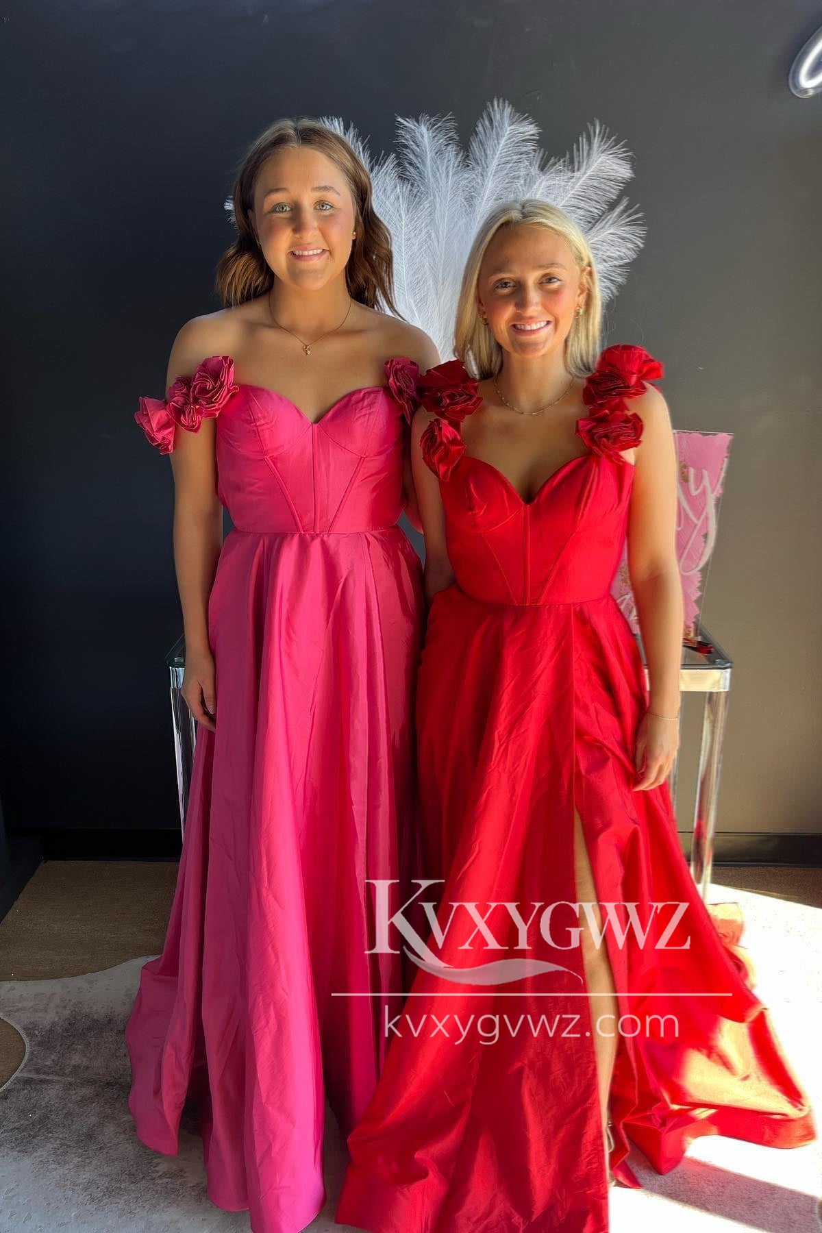 Red Floral Straps Sweetheart Evening Gown A-line Satin Long Prom Dress with Slit LF1164