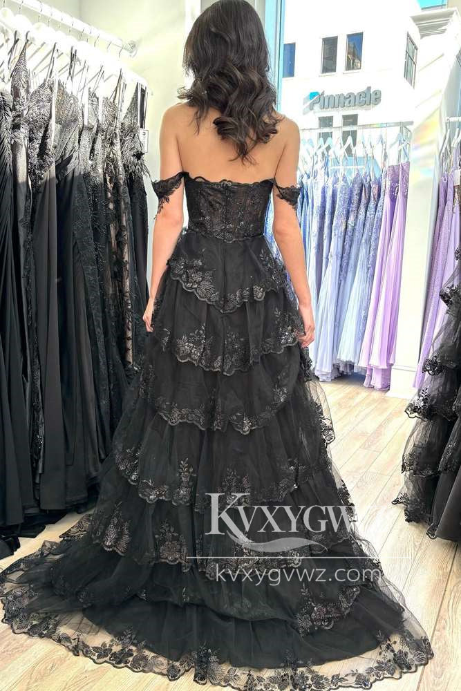 Off the Shoulder Ruffles Tiered Evening Gown Black Lace Sequins Prom Dress with Slit LF1169