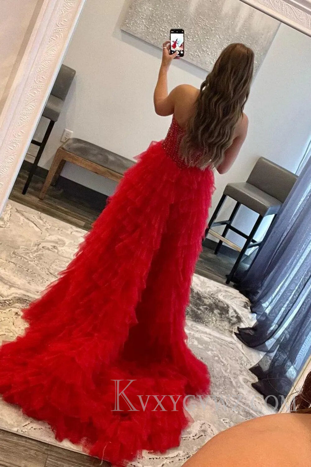 Red Beaded A-Line Tiered High Low Prom Homecoming Dress LF117