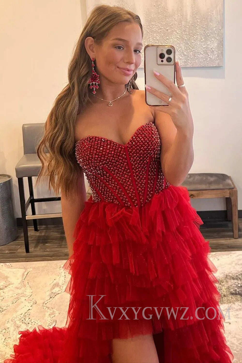 Red Beaded A-Line Tiered High Low Prom Homecoming Dress LF117