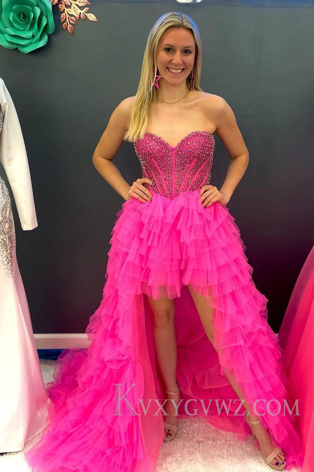 Red Beaded A-Line Tiered High Low Prom Homecoming Dress LF117