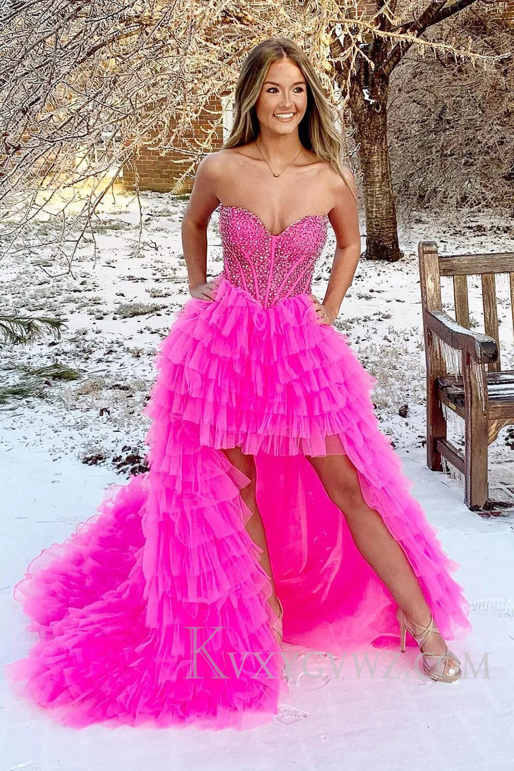 Red Beaded A-Line Tiered High Low Prom Homecoming Dress LF117