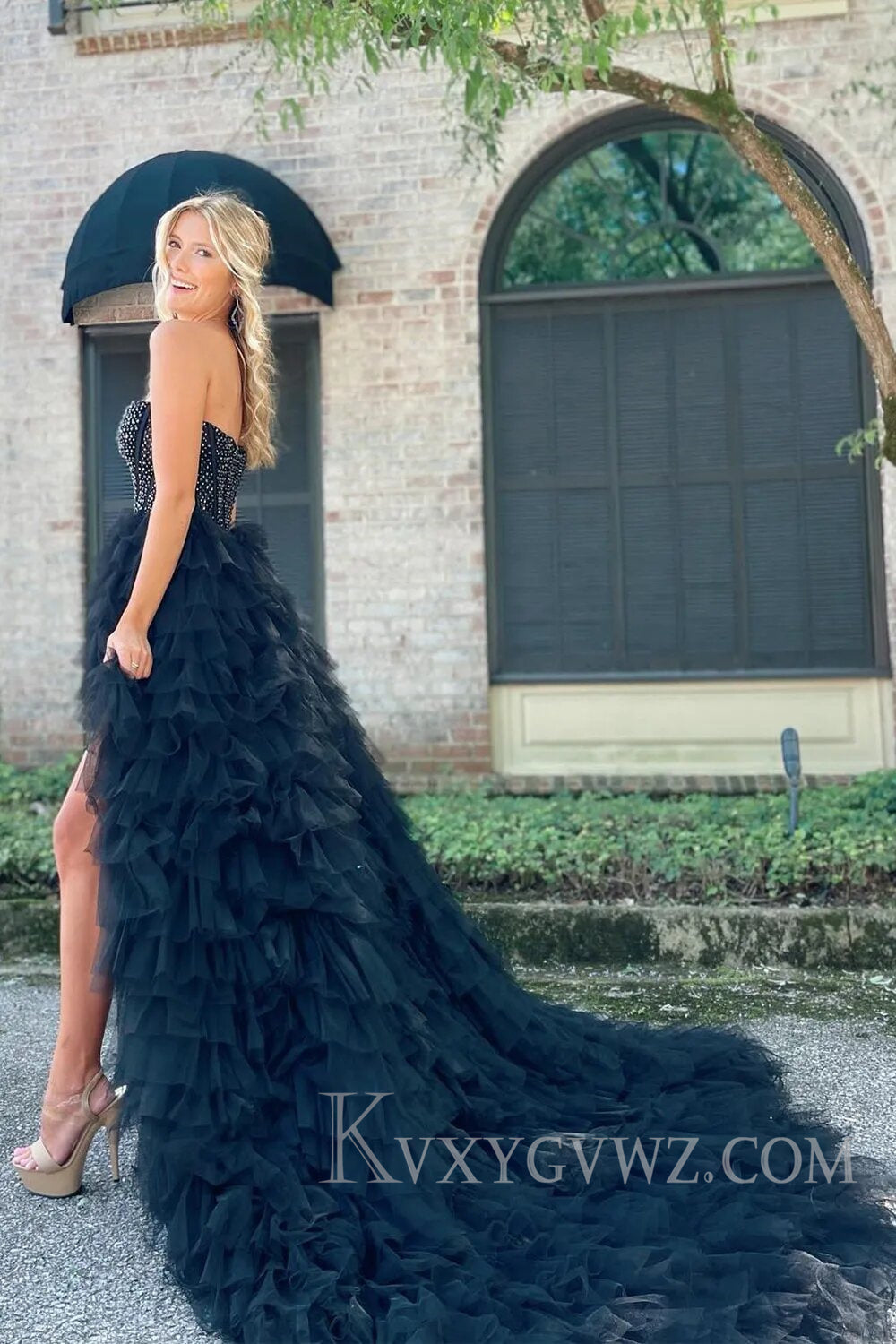Red Beaded A-Line Tiered High Low Prom Homecoming Dress LF117