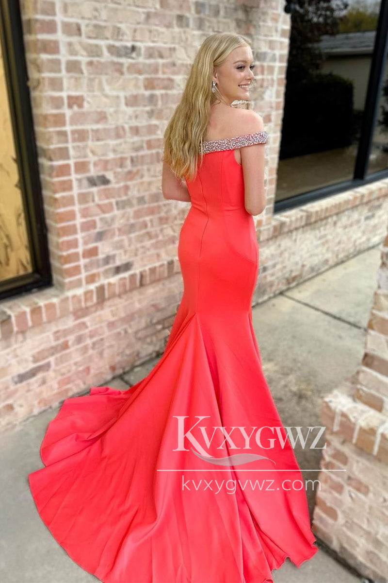 Red Satin Off the Shoulder Evening Gown Mermaid Sweep Train Long Prom Dress LF1171