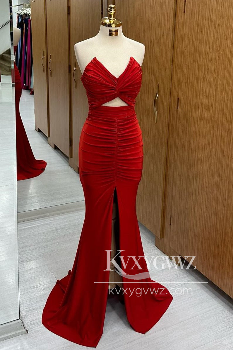 Red Strapless V-neck Twisted Evening Gown Mermaid Long Formal Prom Dress with Slit LF1172
