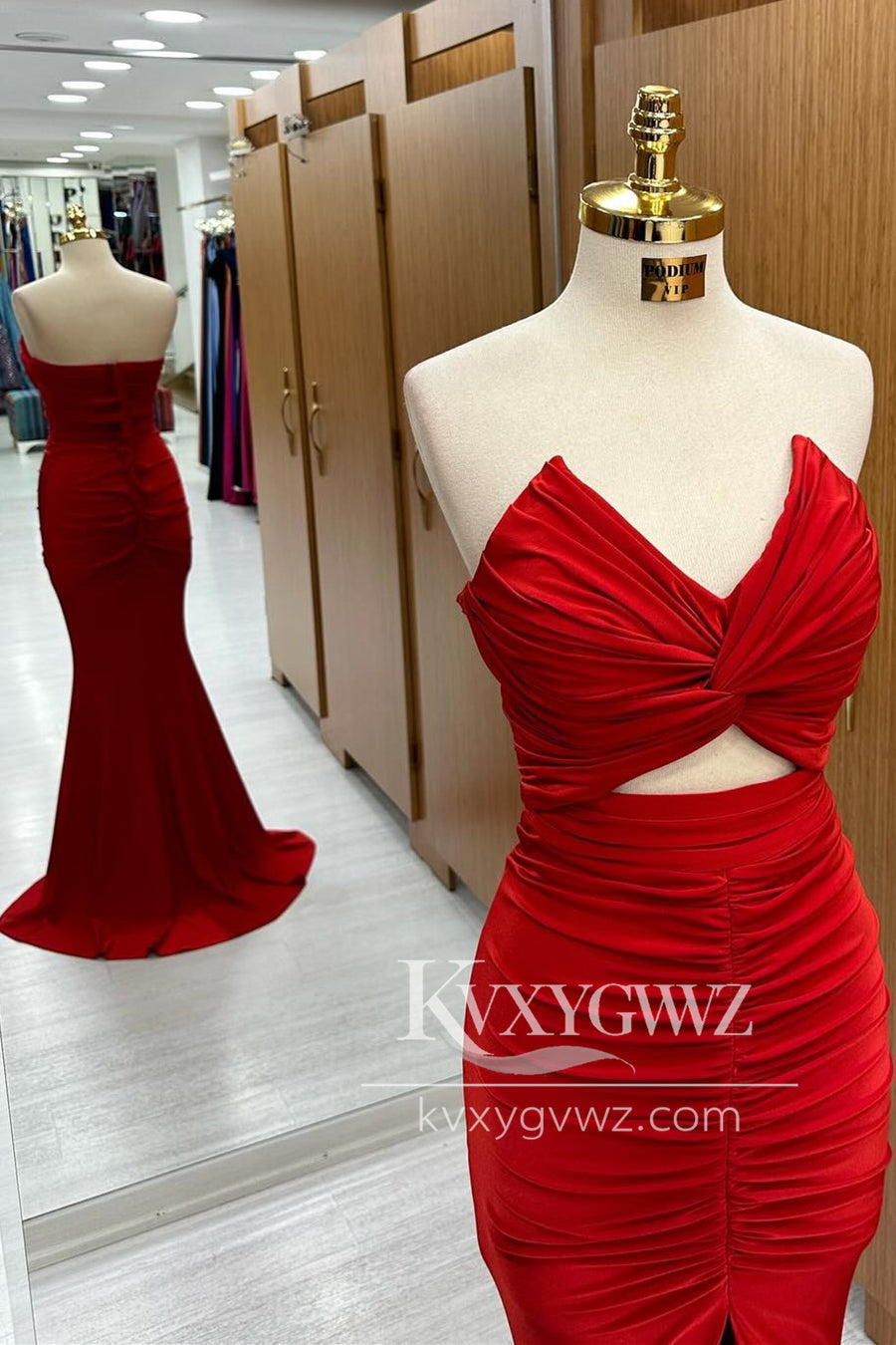 Red Strapless V-neck Twisted Evening Gown Mermaid Long Formal Prom Dress with Slit LF1172