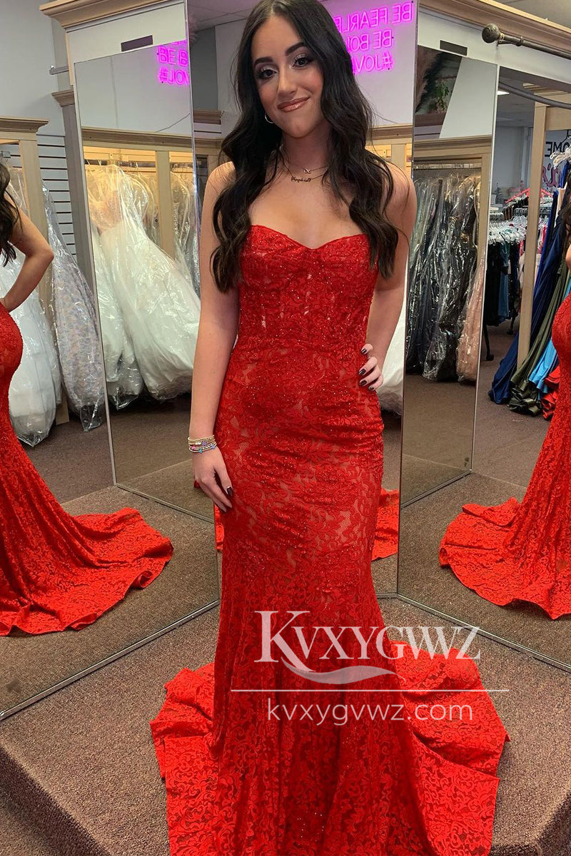 Spaghetti Strap Red Sweetheart Evening Gown Lace Beaded Mermaid Long Prom Dress LF1173