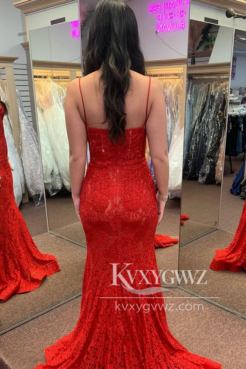 Spaghetti Strap Red Sweetheart Evening Gown Lace Beaded Mermaid Long Prom Dress LF1173