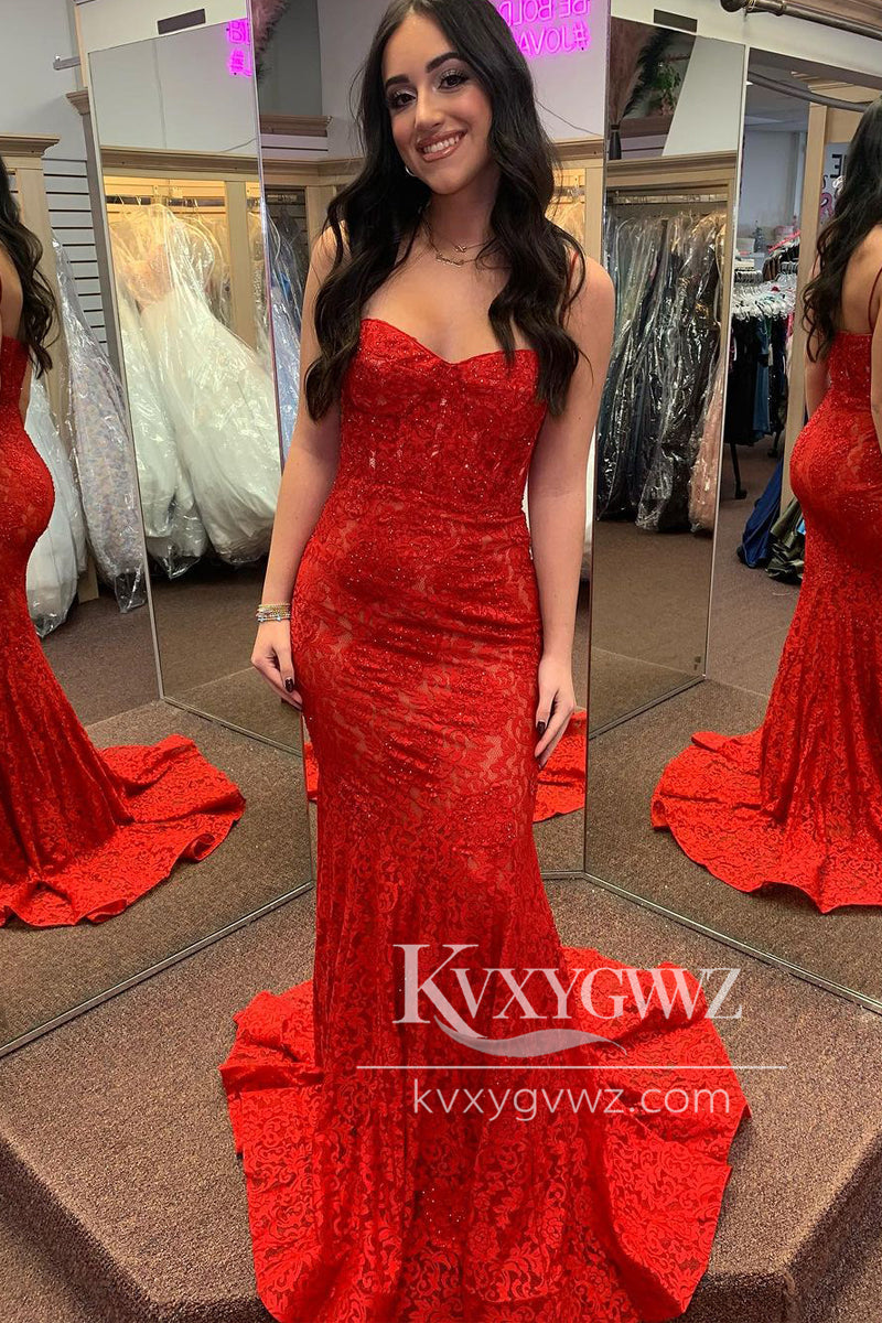 Spaghetti Strap Red Sweetheart Evening Gown Lace Beaded Mermaid Long Prom Dress LF1173