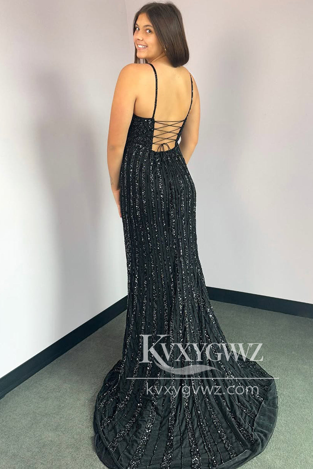 Spaghetti Strap Mermaid V Neck Evening Gown Black Sequins Long Prom Dress with Slit LF1174