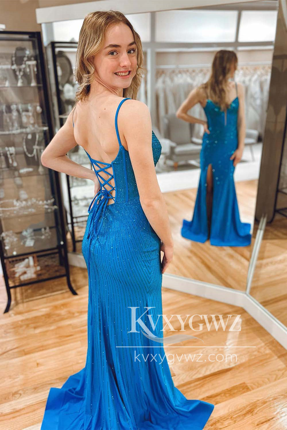 Conspicuous Spaghetti Strap Mermaid Evening Gown V Neck Light Blue Beaded Prom Dress with Slit LF1176