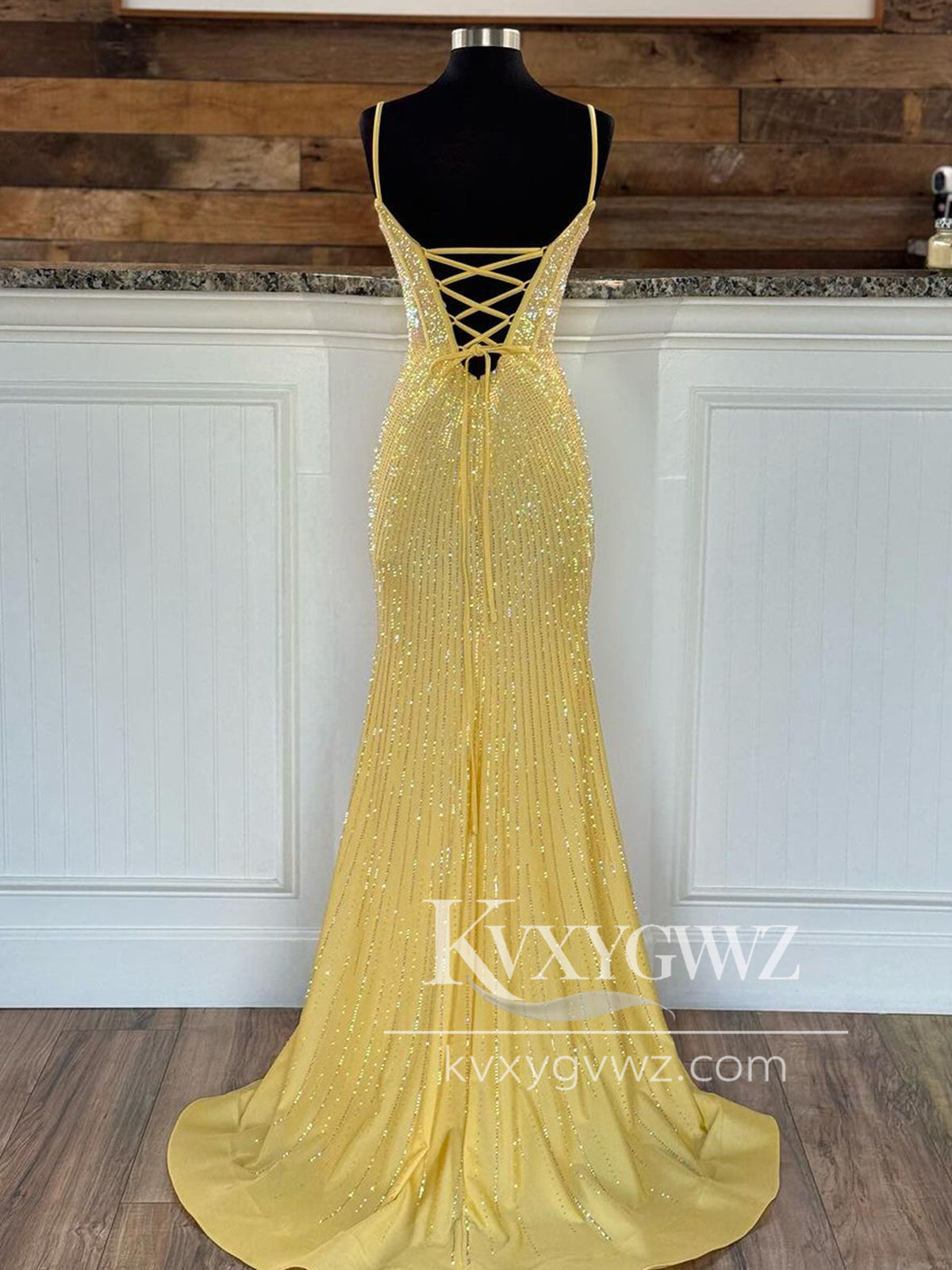 Conspicuous Spaghetti Strap Mermaid Evening Gown V Neck Light Blue Beaded Prom Dress with Slit LF1176