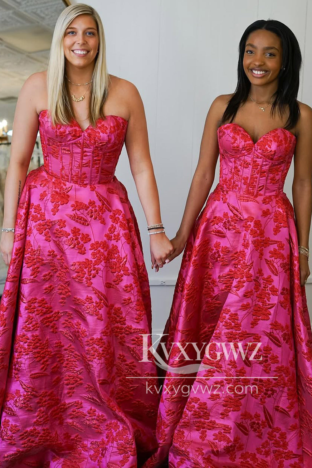 A-Line Strapless Sweetheart Evening Gown Fuchsia Jacquard Satin Long Prom Dress LF1177