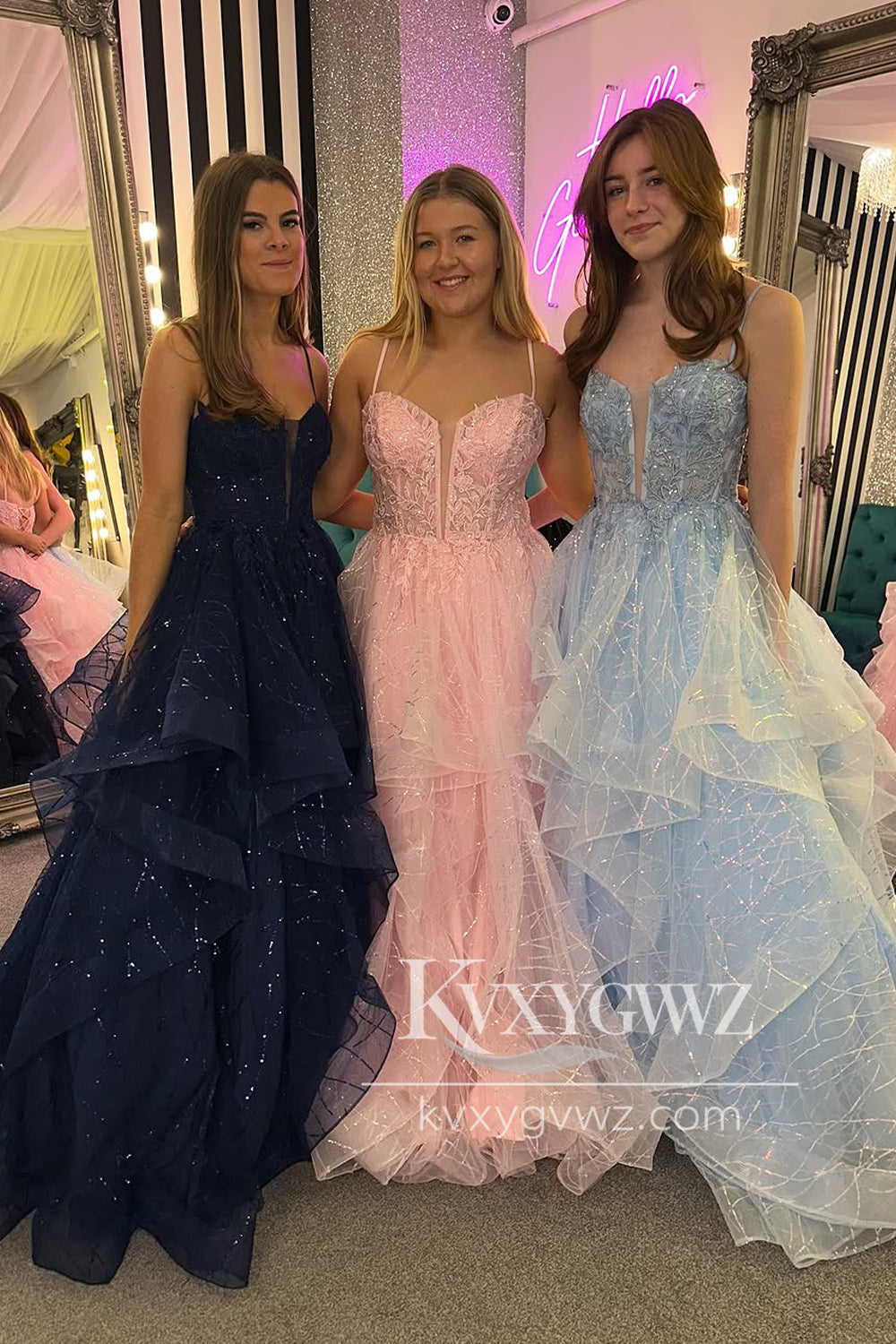 Stunning A Line Straps Ruffled Evening Gown Conspicuous Tulle Prom Dress with Appliques LF1178