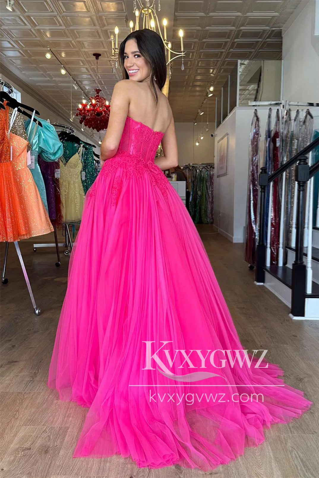 A Line Sweetheart Evening Gown Hot Pink Tulle Prom Dress with Appliques LF1181