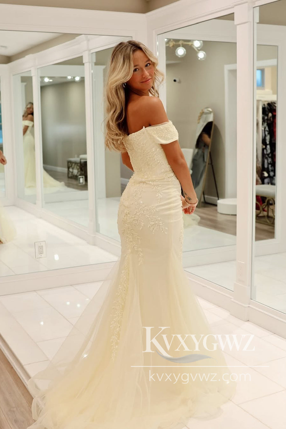 Stunning Mermaid Off the Shoulder Evening Gown Light Blue Prom Dress with Appliques LF1188