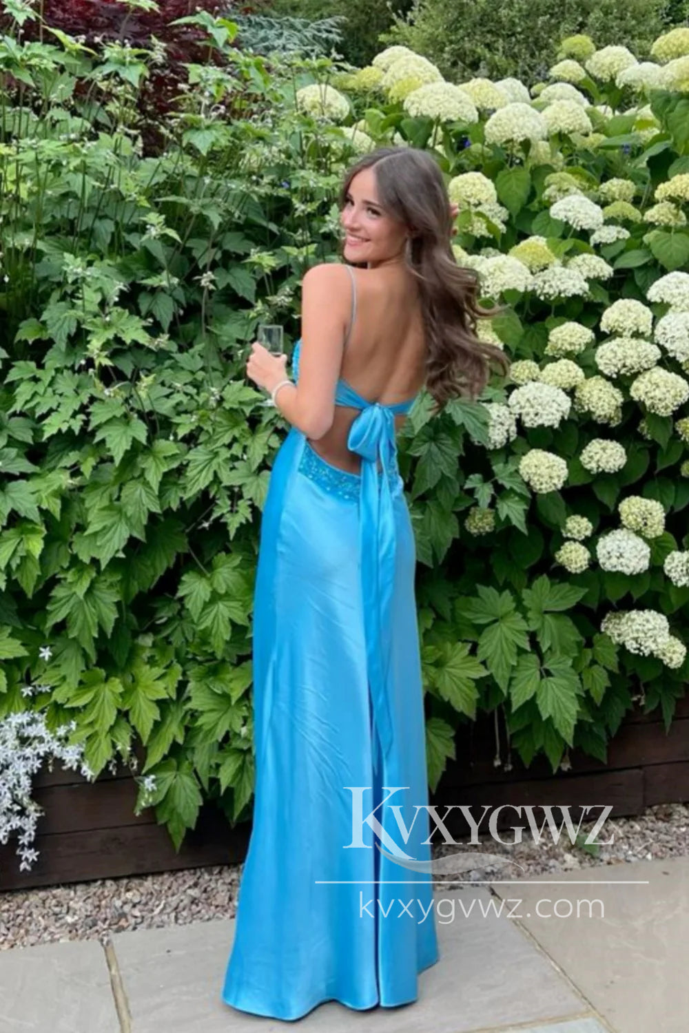 Sheath V Neck Blue Evening Gown Silk Satin Prom Dress with Beading LF1190