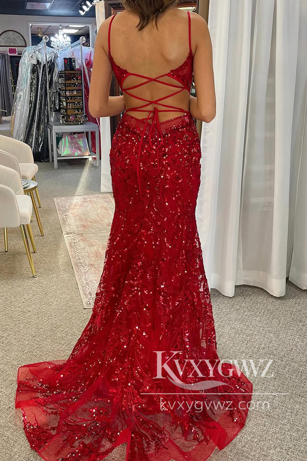 Stunning Mermaid Evening Gown Spaghetti Strap Red Sequins Lace Prom Dress LF1195