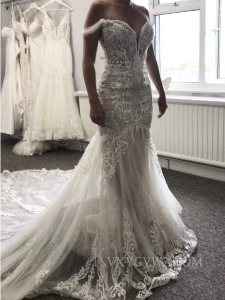 Elegant Off The Shoulder Mermaid Ivory Wedding Gown/Dress With Lace HS404