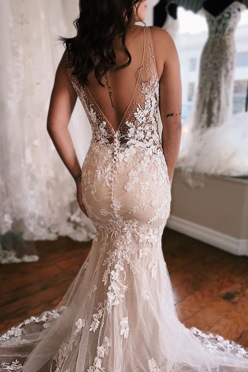 Graceful Mermaid V Neck Tulle Lace Wedding Dresses Gown HS947
