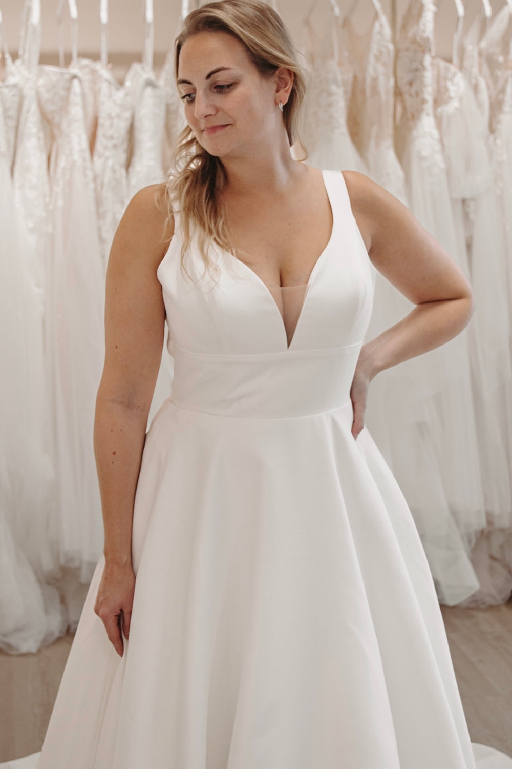 Cute A Line V Neck Satin Long Wedding Dresses Gown with Botton HS881