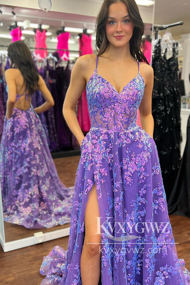 Stunning A Line V Neck Evening Gown Purple Sequins Lace Long Prom Dress with Slit LF1203