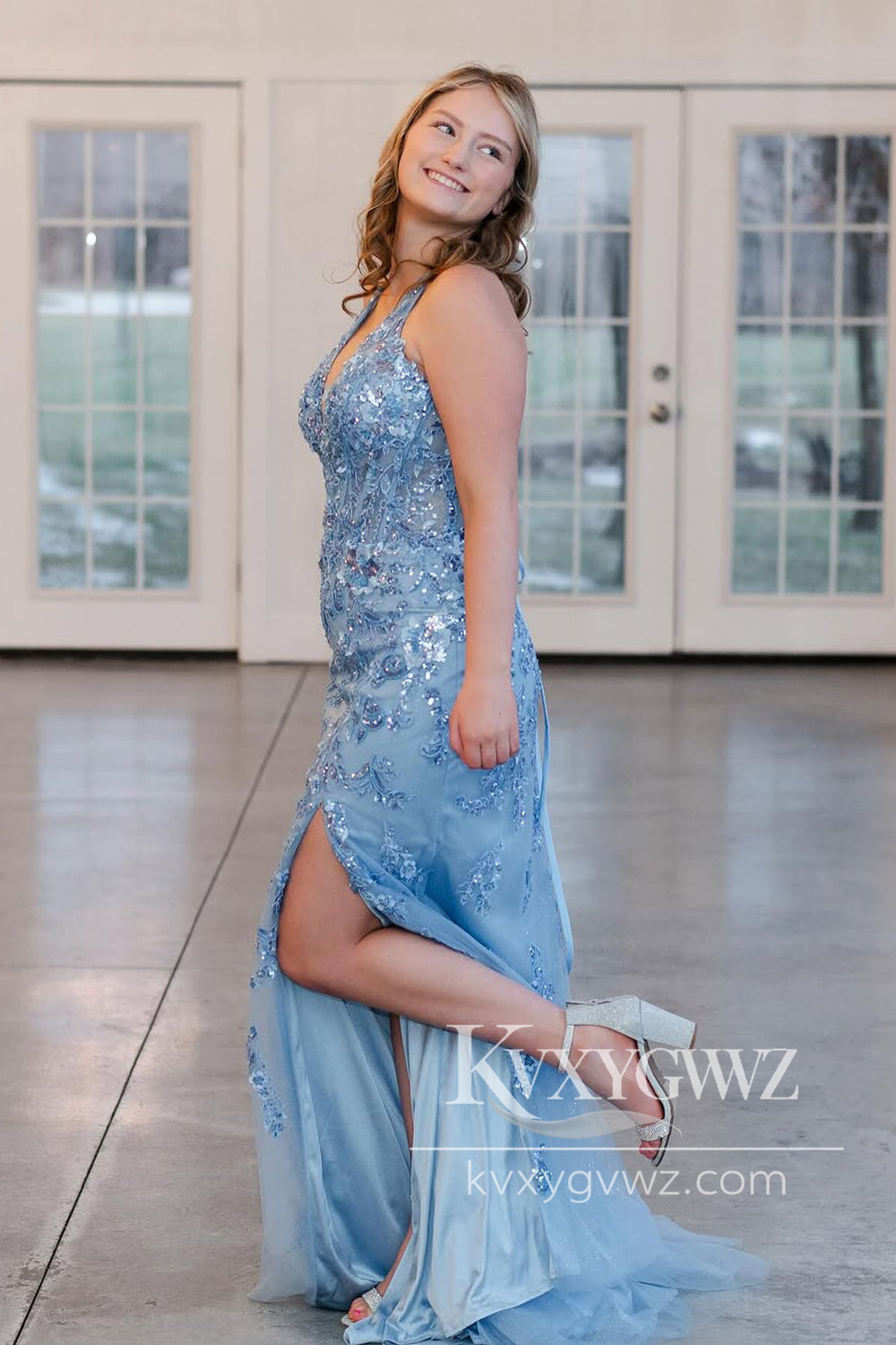Mermaid Halter Evening Gown Blue Sequin Lace Long Prom Dress with Slit LF1205