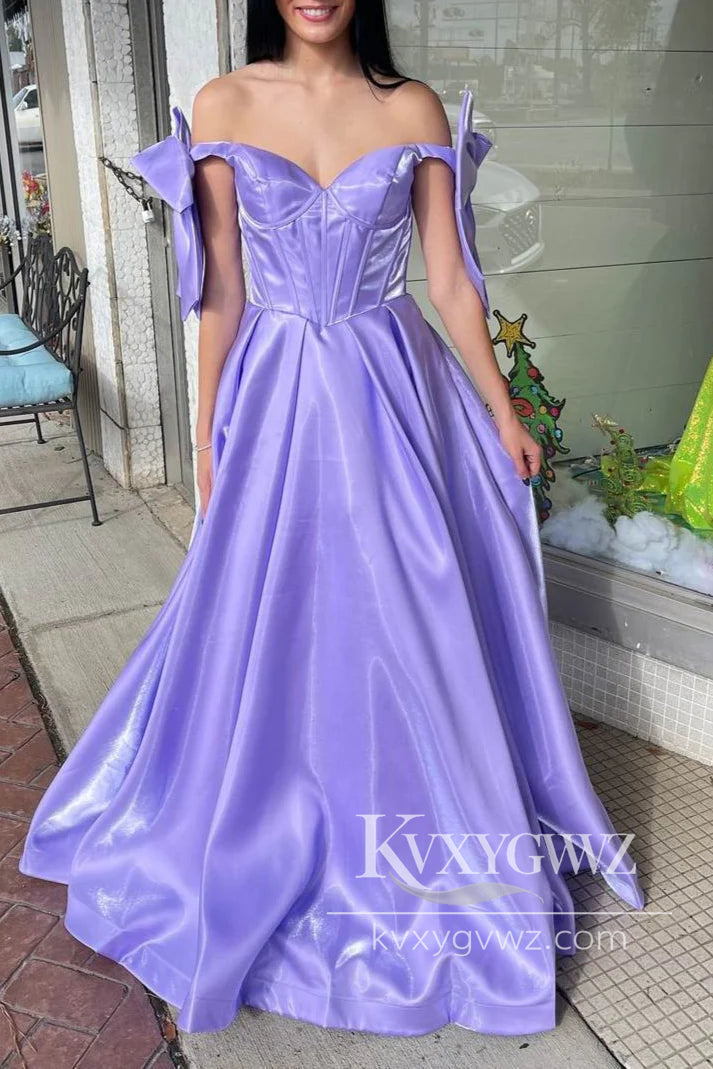 Fairy Ball Gown Off the Shoulder Evening Gown Pink Satin Prom Dress with Bow LF1206