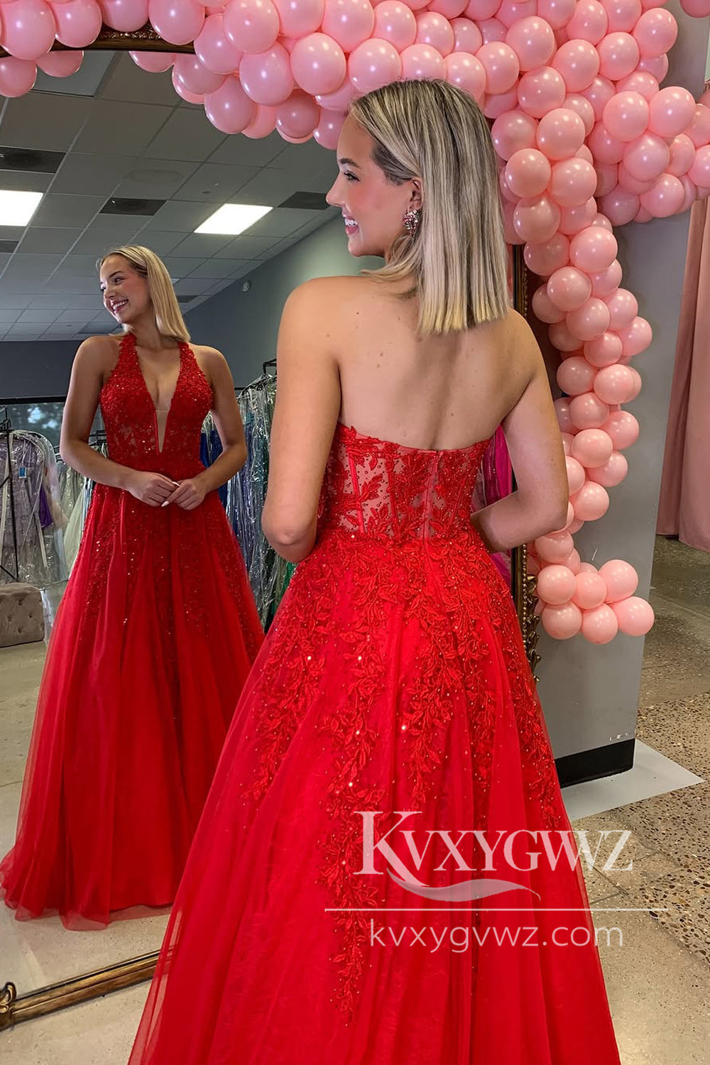 A-Line Halter Evening Gown Red Tulle Long Prom Dress with Appliques LF1207