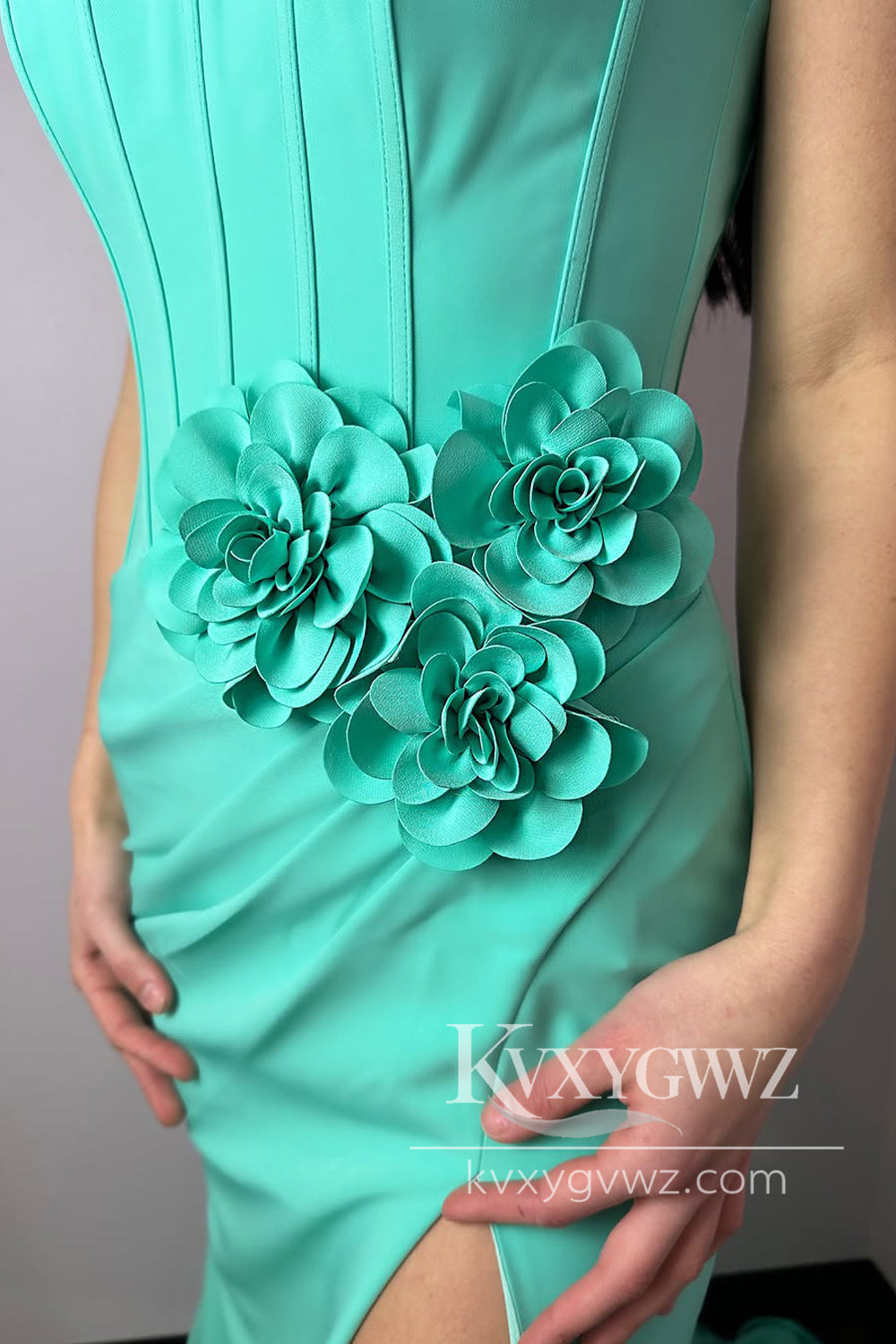Mermaid Strapless Evening Gown Mint Satin Long Prom Dress with Slit LF1214