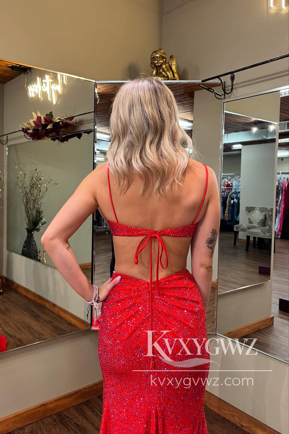 Dazzling Fashion Mermaid Evening Gown Red Satin Long Prom Dress with Beading LF1219
