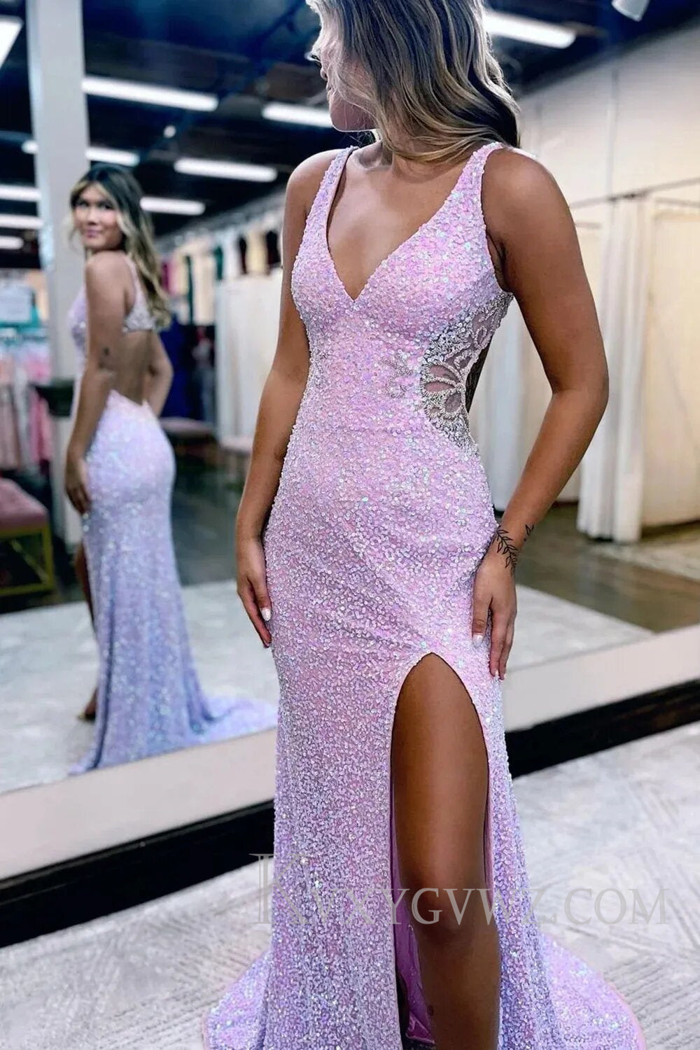 Lilac V-Neck Hollow-Out Backless Sequins Mermaid Prom Dress with Slit KVXYGVWZ Lilac V-Neck Hollow-Out Backless Sequins Mermaid Prom Dress with Slit KVXYGVWZ