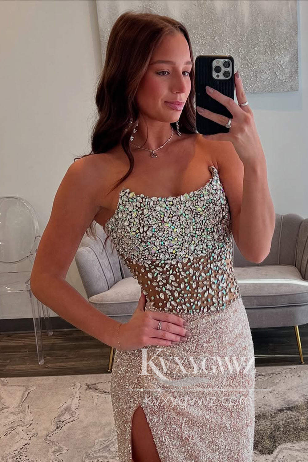 Mermaid Strapless Evening Gown Blush Pink Sequins Long Prom Dress with Slit LF1226