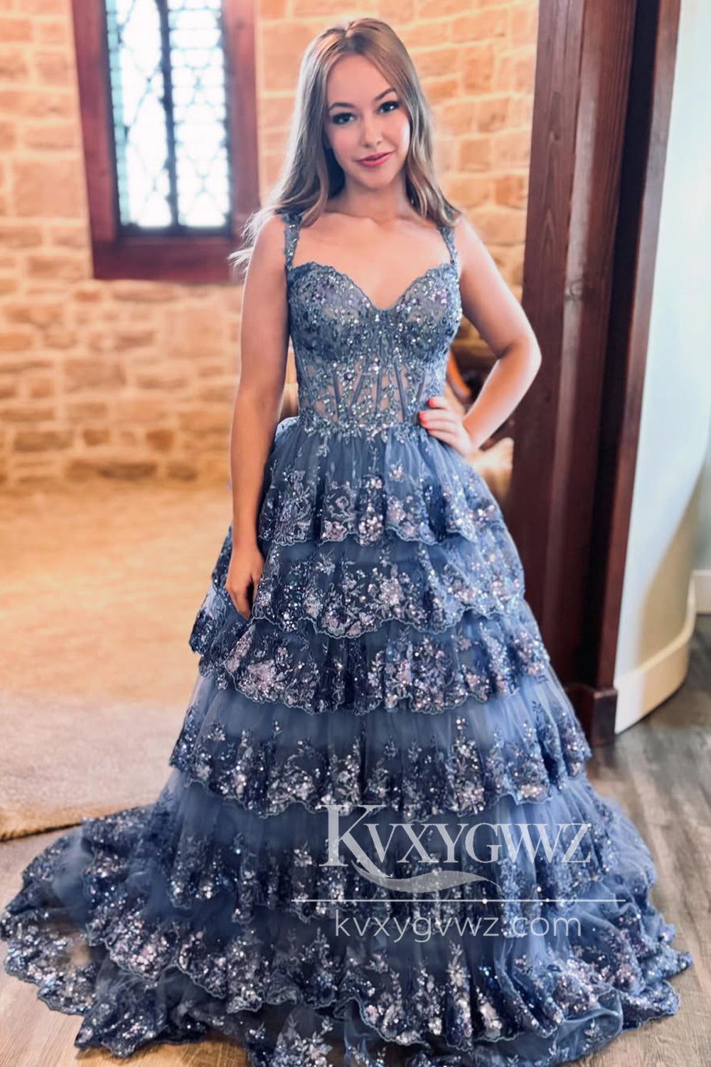 Gogeous A Line Sweetheart Evening Gown Navy Tulle Sequins Prom Dress LF1227