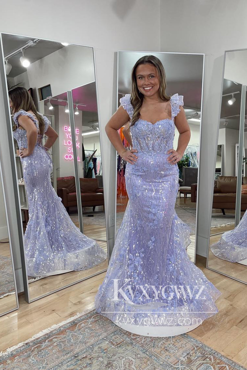 Mermaid Off the Shoulder Evening Gown Lavender Sequin Lace Prom Dress LF1237