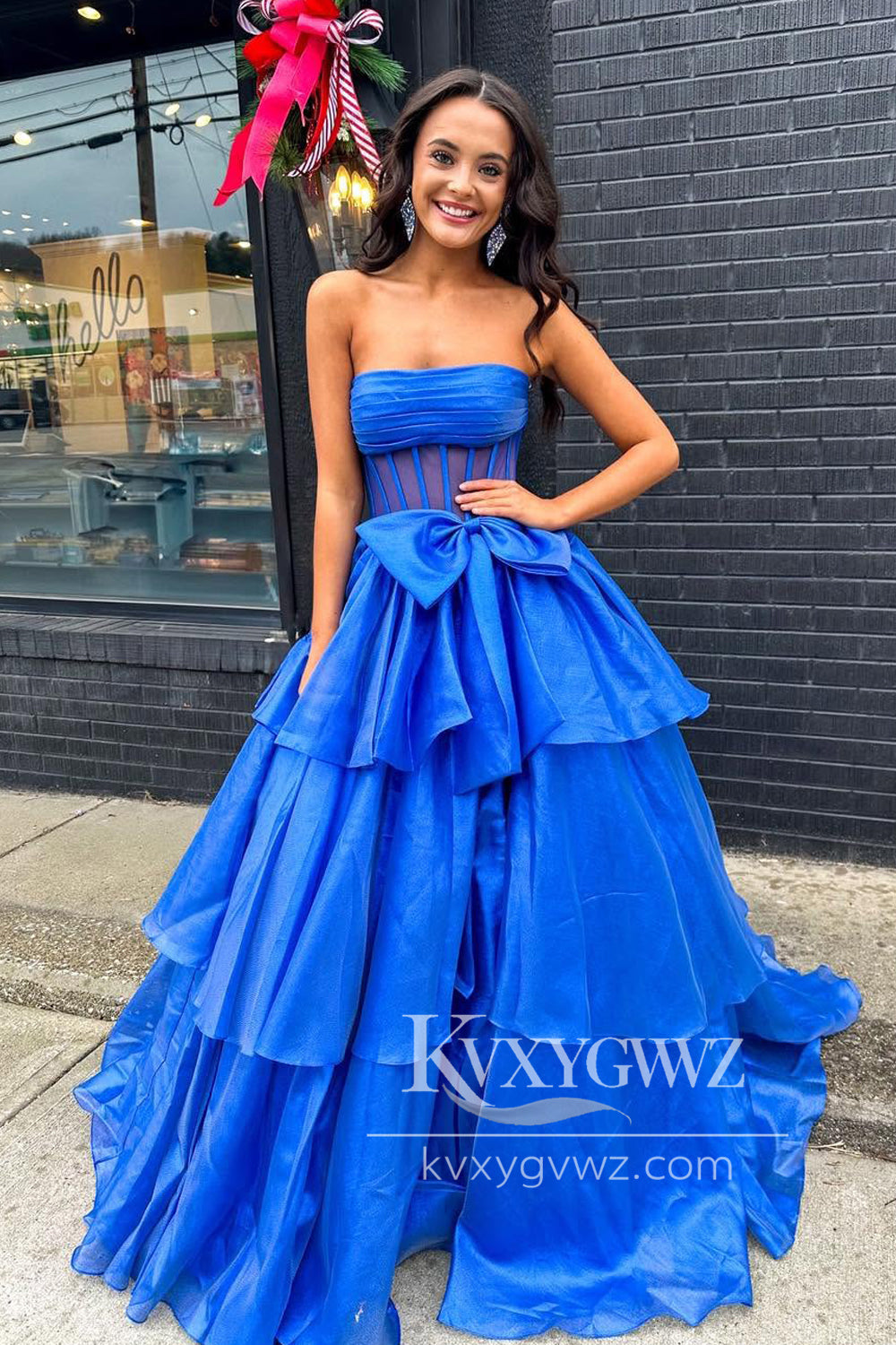 Ball Gown Strapless Royal Blue Evening Gown Organza Long Prom Dress with Bow LF1240