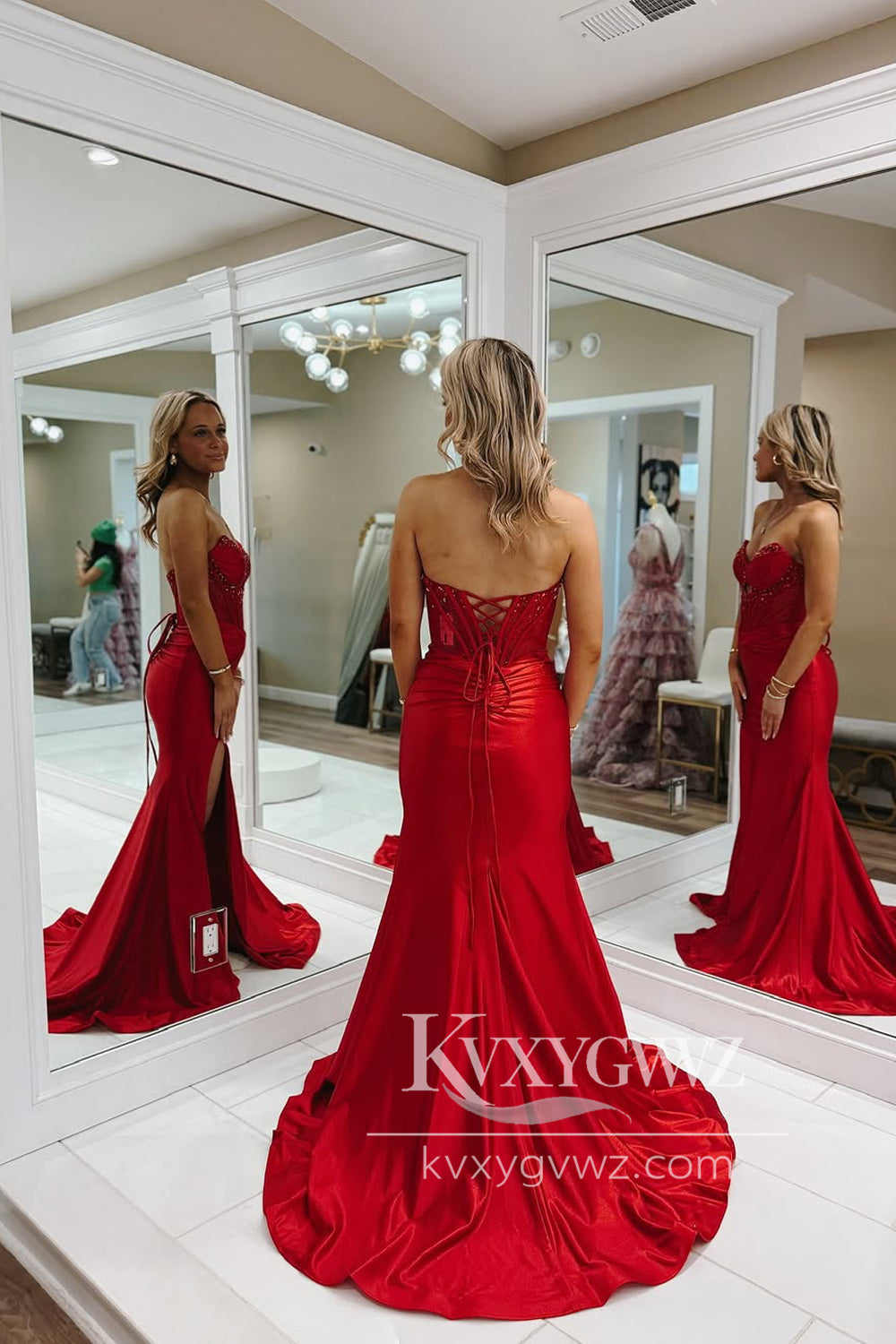 Mermaid Strapless Keyhole Evening Gown Red Satin Long Prom Dress with Slit LF1242