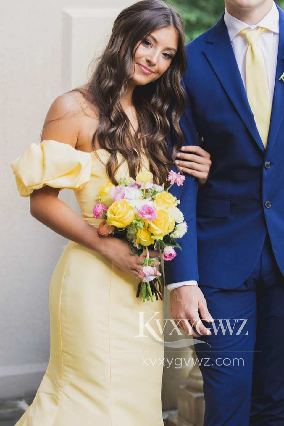 Glamorous Mermaid Strapless Yellow Satin Prom Dress Gown with Bow LF1257