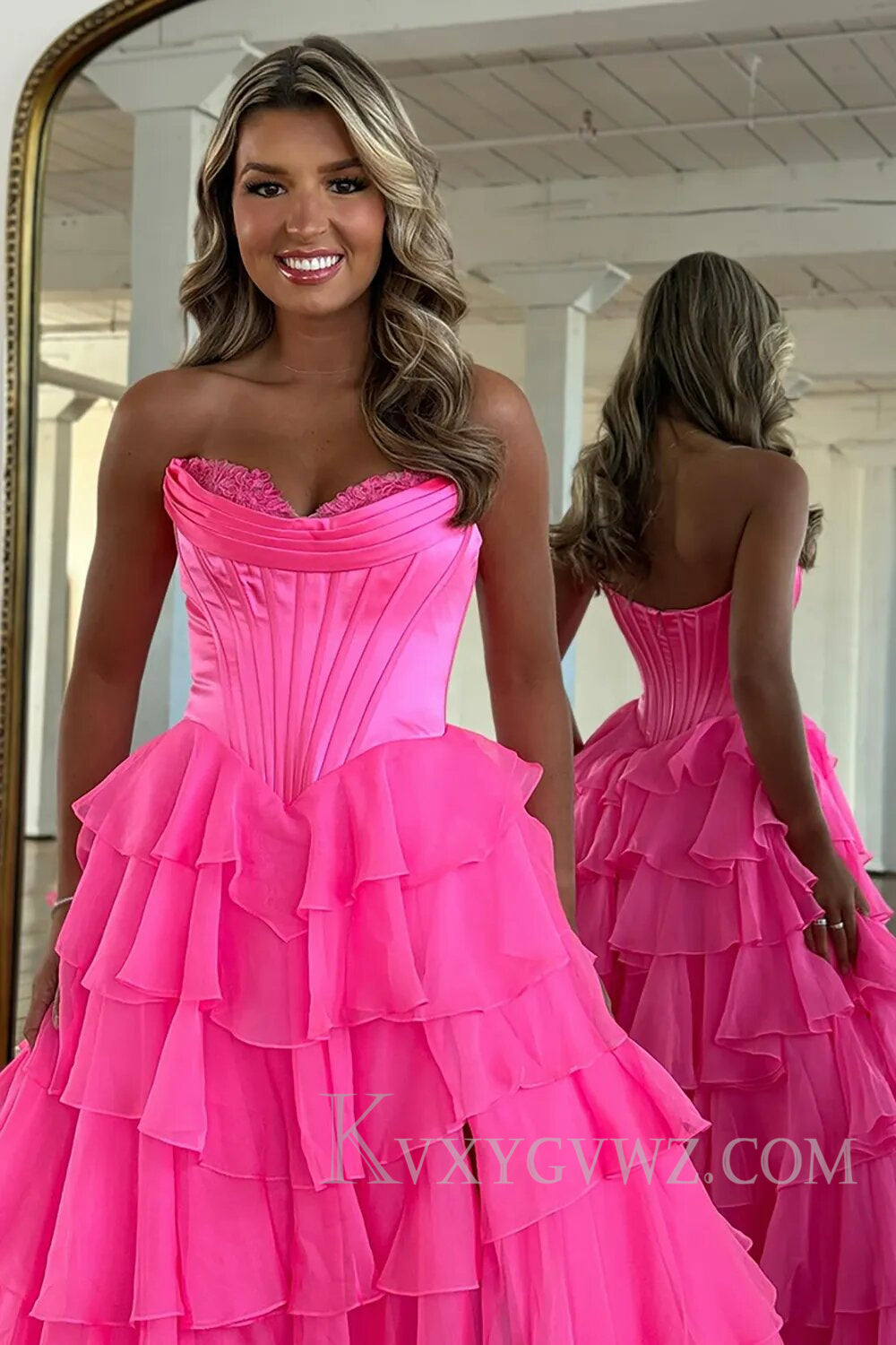 A Line Blue Strapless Tiered Corset Long Prom Dress LF126