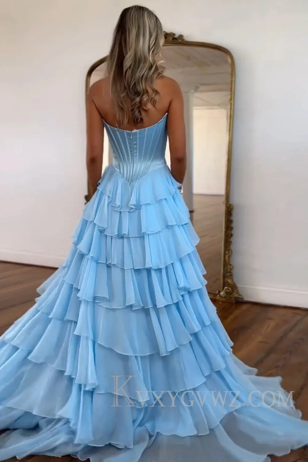 A Line Blue Strapless Tiered Corset Long Prom Dress LF126