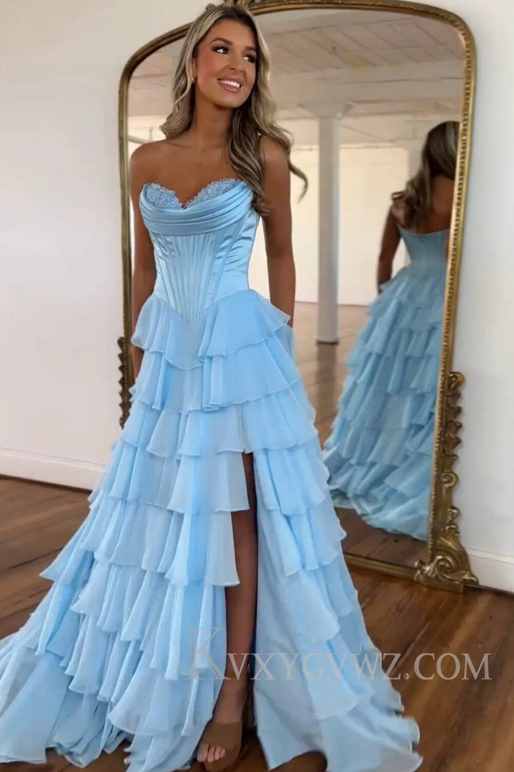 A Line Blue Strapless Tiered Corset Long Prom Dress LF126