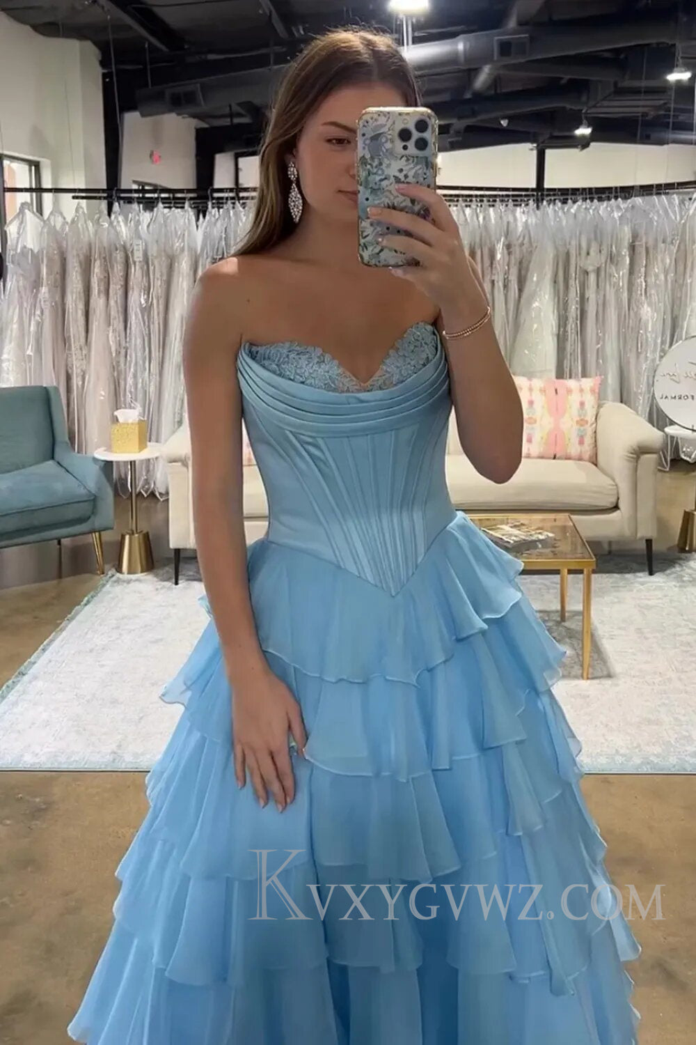 A Line Blue Strapless Tiered Corset Long Prom Dress LF126