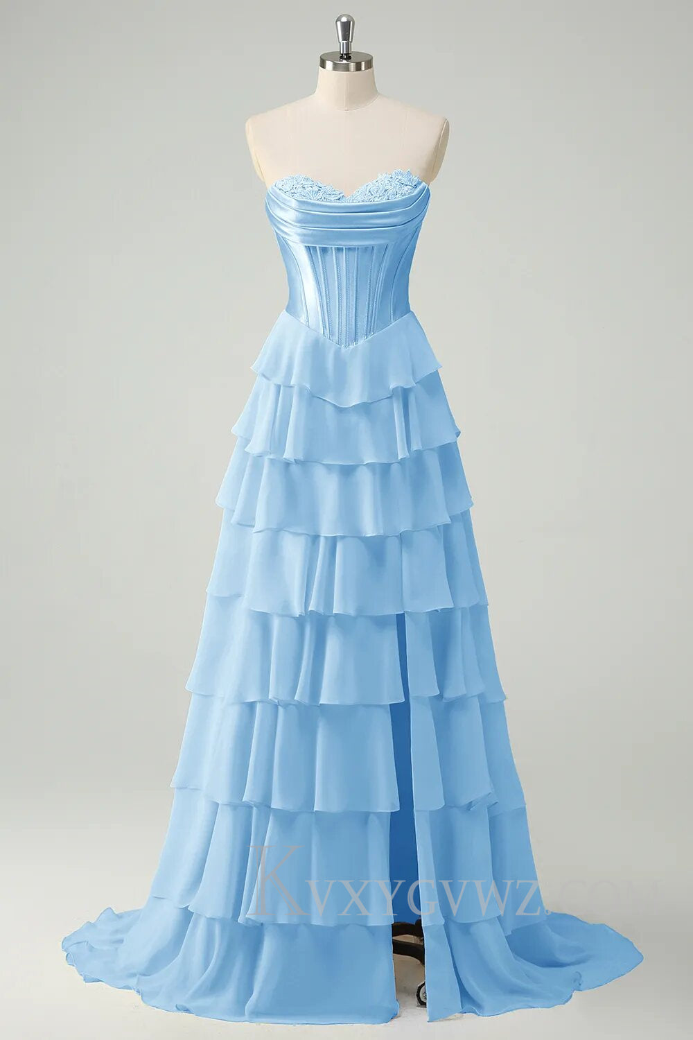 A Line Blue Strapless Tiered Corset Long Prom Dress LF126