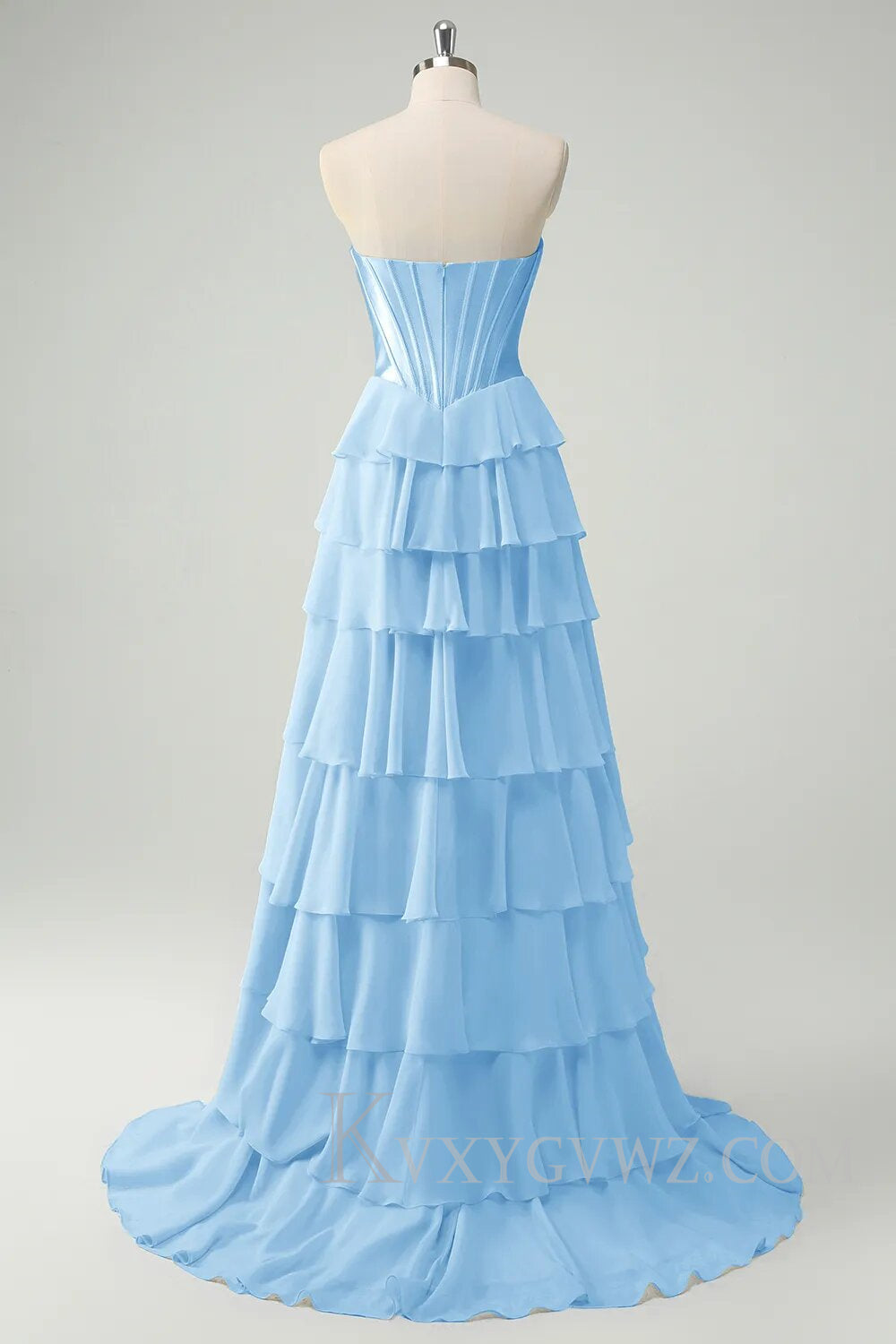 A Line Blue Strapless Tiered Corset Long Prom Dress LF126