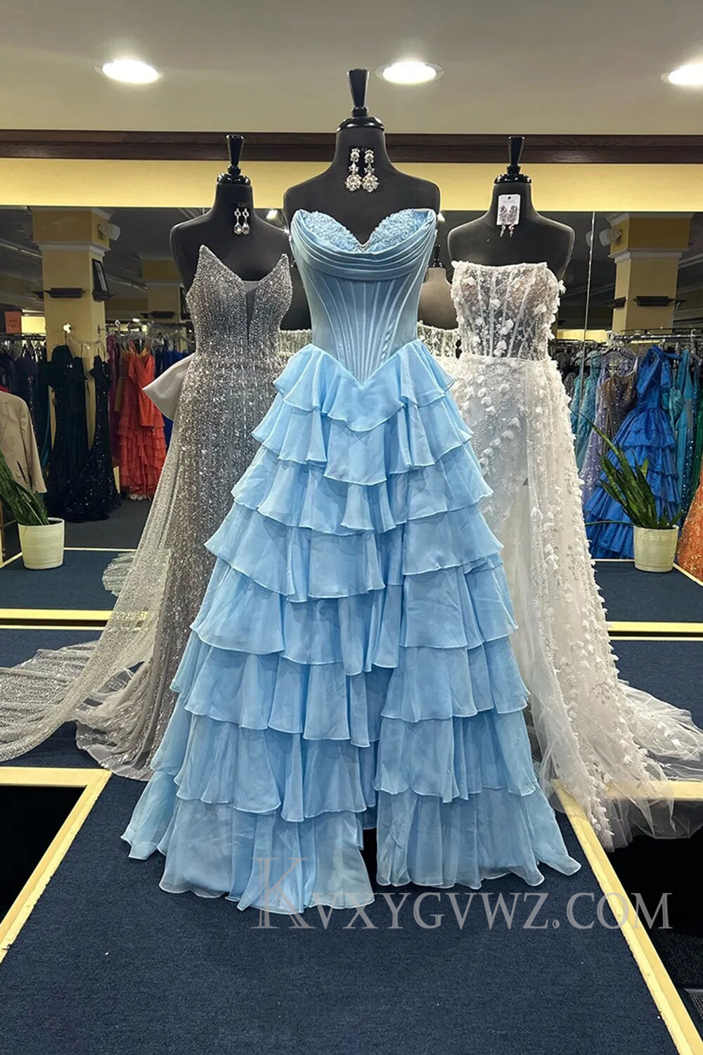 A Line Blue Strapless Tiered Corset Long Prom Dress LF126
